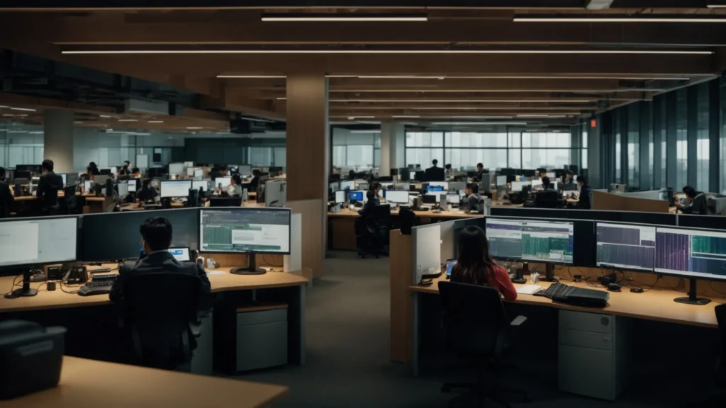 a panoramic view of a bustling corporate office, where diverse teams engage in animated discussions by their glowing computer screens.