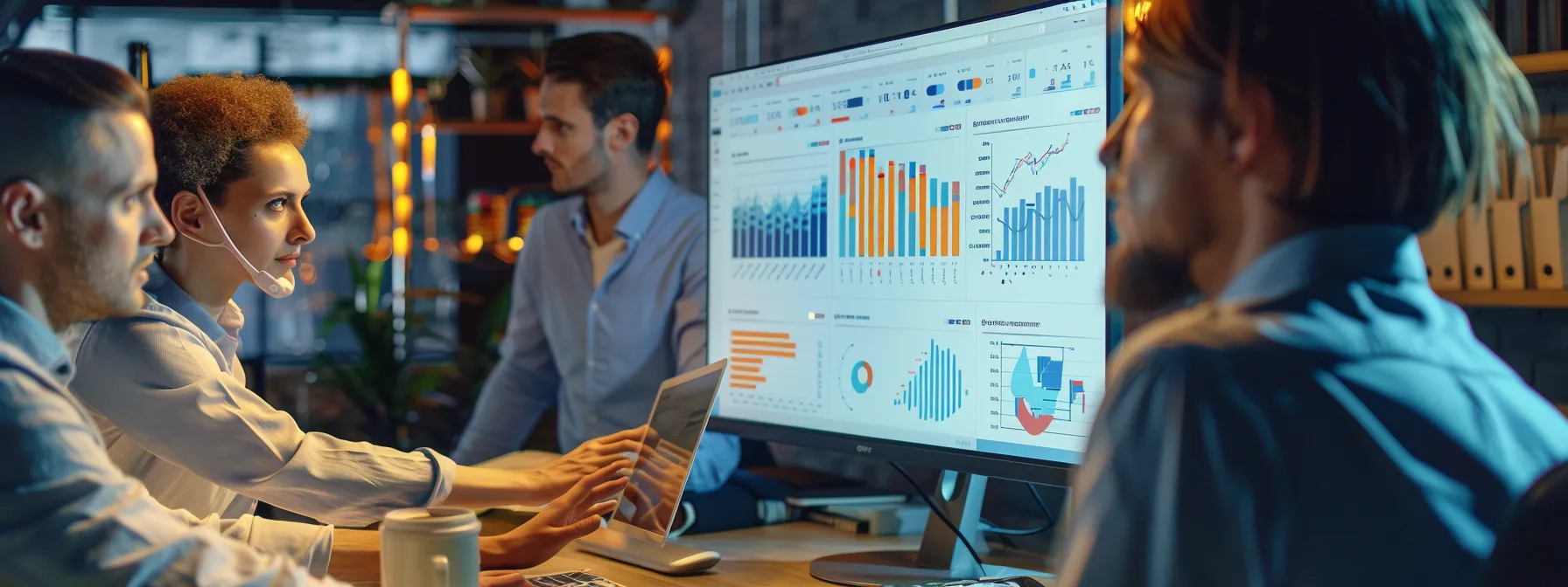 a group of professionals at a modern office desk reviewing data analytics charts and graphs on a large computer screen.
